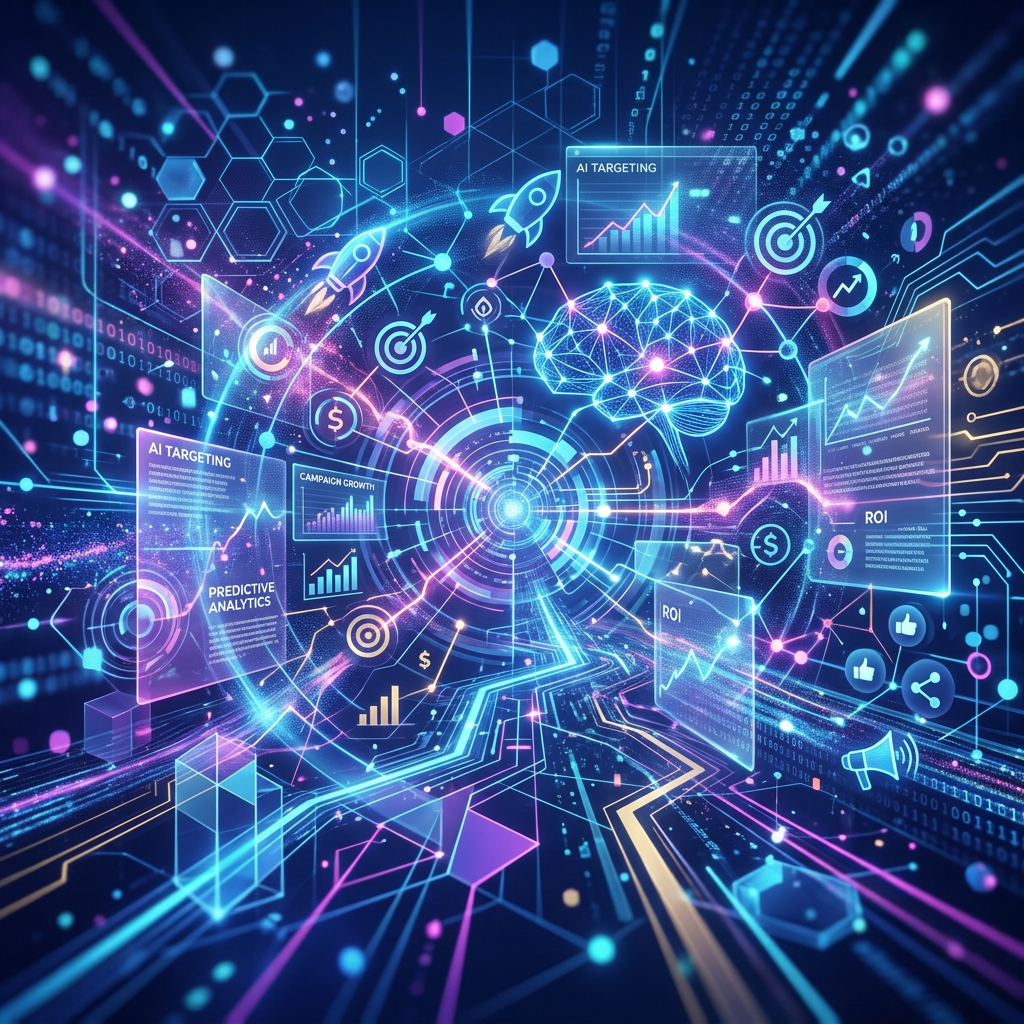 Digital interface with AI targeting, predictive analytics, and ROI graphs