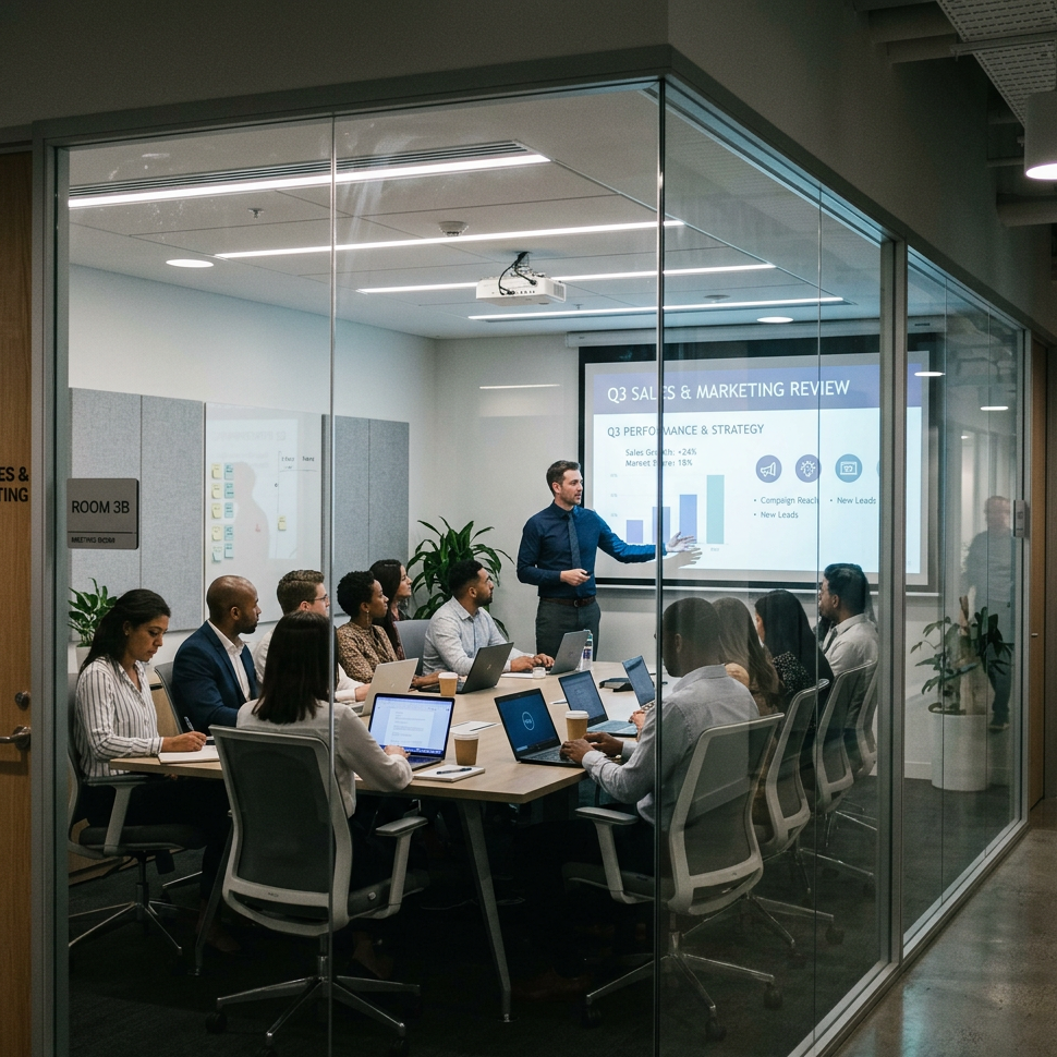 Business team attending a sales and marketing review presentation in a glass-walled meeting room